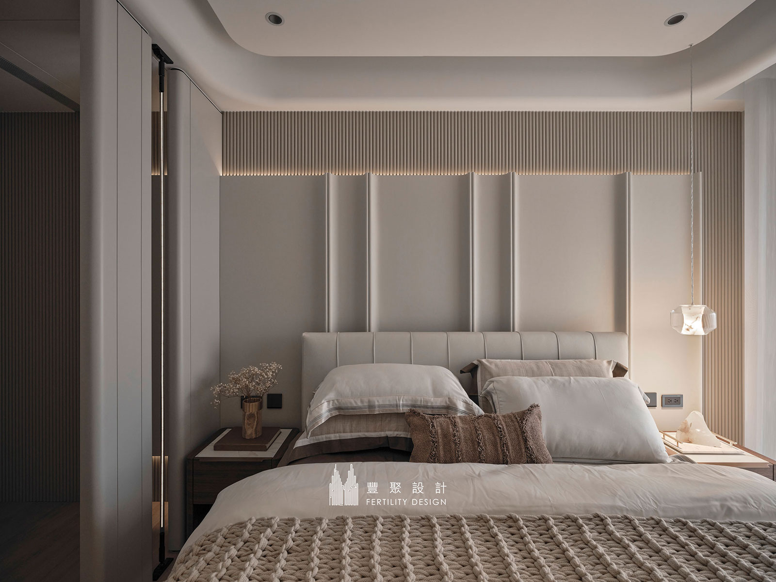 新竹室內設計-豪宅主臥室-繃皮革-床頭吊燈